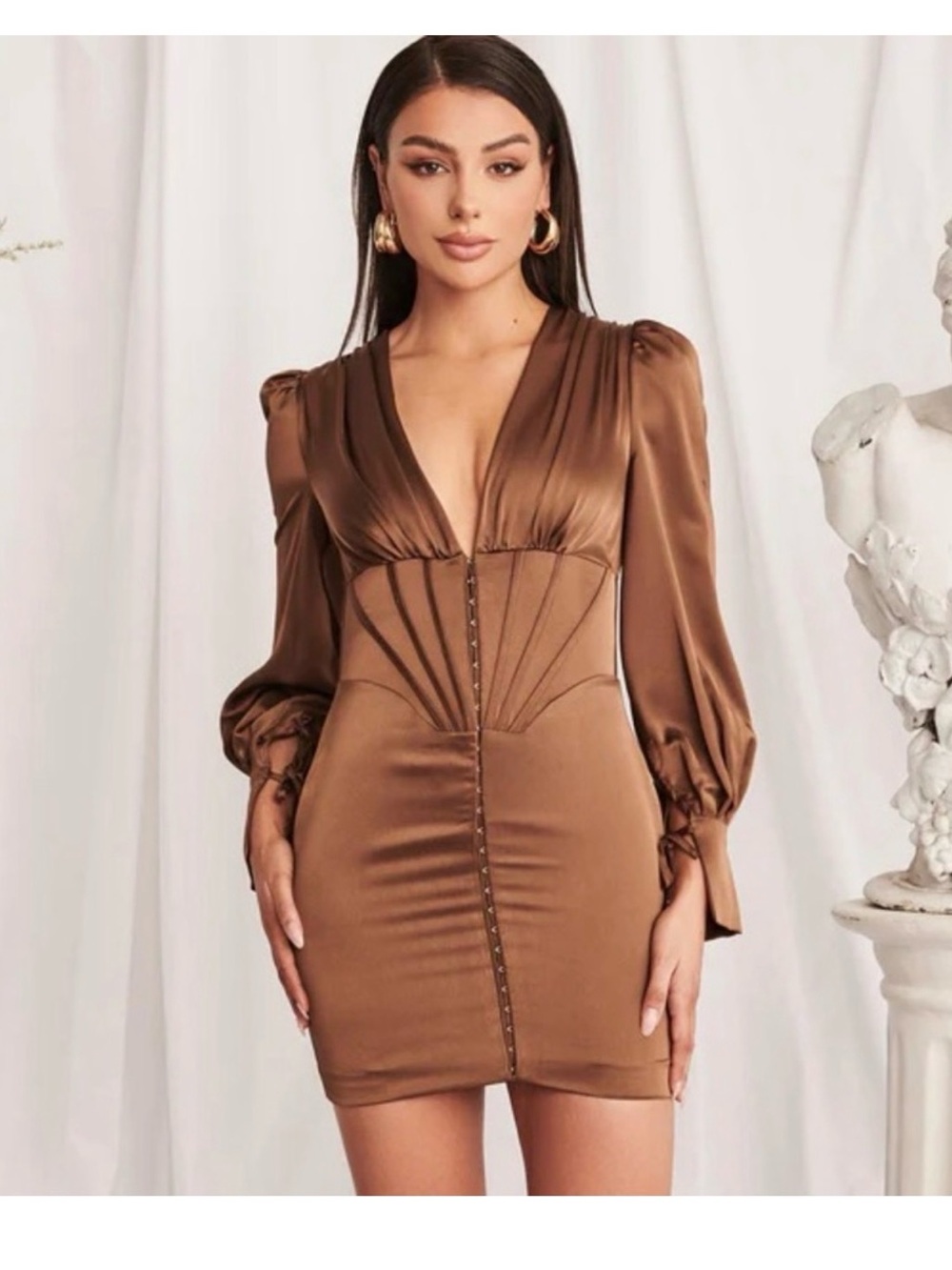 Lavish Alice Nevaeh Satin Ballon Sleeve Corset Mini Dress in Chocolate brown 14